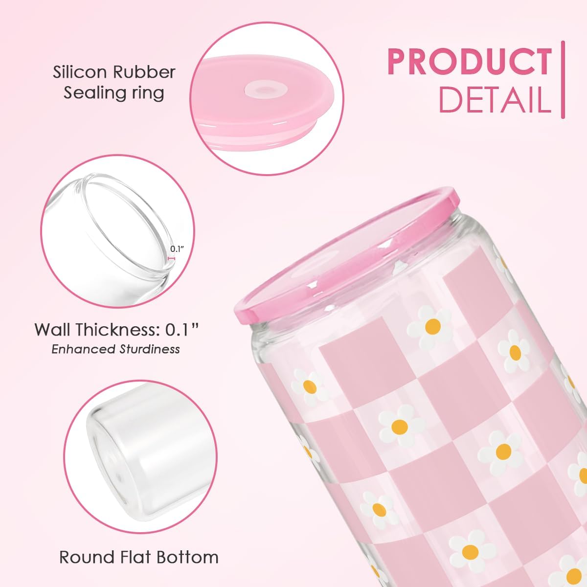 SANDJEST Checkerboard Daisies Glass Can, Floral Checker Cup with Lid &amp; Straw, Iced Coffee Aesthetic Cups, Gift for Christmas Birthday Mother Day, Gifts for Women, 16oz
