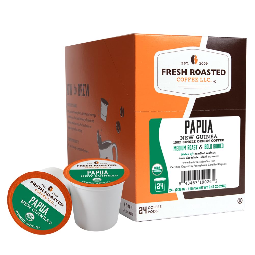 Fresh Roasted Coffee, Organic Papua New Guinea K-Cup Pods for Keurig Brewers, Medium Roast, USDA Organic, Kosher, 24 Count (Pack of 1)