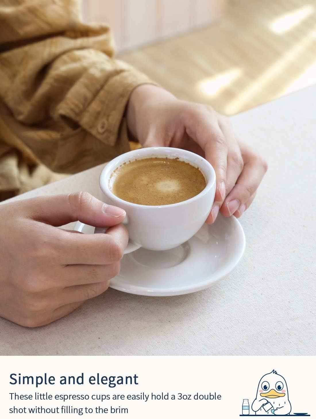 LE TAUCI 3 oz Espresso Cups with Saucers, Set of 4 Ceramic Demitasse Cup and Saucer Set for Double Espresso Shot, Lungo, Ristretto, Embossed Coffee Cups, White