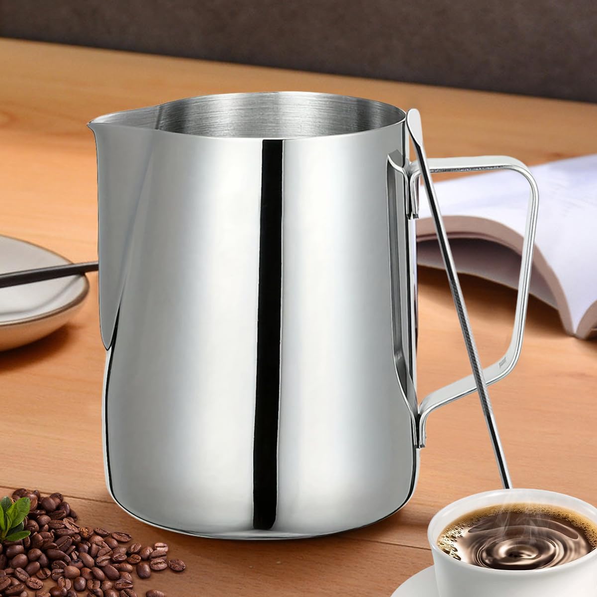 4Pieces Stainless Steel Milk Frothing Pitcher Set, Latte Art Barista Steaming Pitchers Set -Include Milk Frother Cup, Latte Art Pen, Powder Shaker, 5pcs Coffee Decorating Stencils (350ml/11oz)