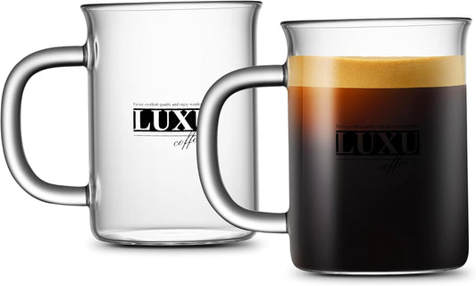 LUXU Borosilicate Glass Coffee Mugs (Set of 2)-15 oz,Clear Tea Cups,Lead-free Drinking Glasses with Handle,Perfect for