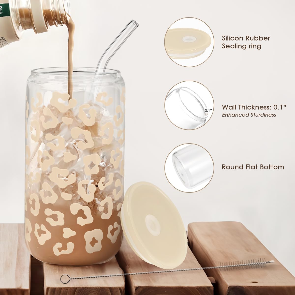 SANDJEST Leopard Glass Can, Beige Leopard Print Cup with Lid &amp; Straw, Iced Coffee Aesthetic Cups, Gift for Christmas Birthday Mother Day, Gifts for Women, 16oz