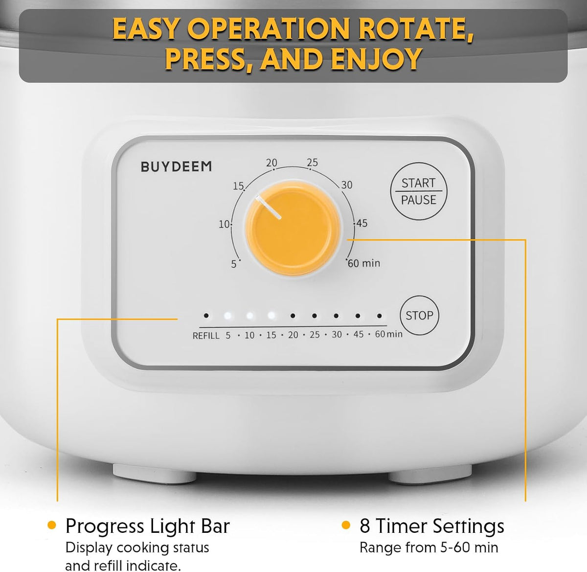 BUYDEEM G32 Electric Food Steamer 1.6QT, Stainless Steel Steamer for Vegetable Egg Seafood, 8 Time Settings, Triple Dry Protection, Quick Steam, Healthy Cooking for 1-2 Servings, Arctic White