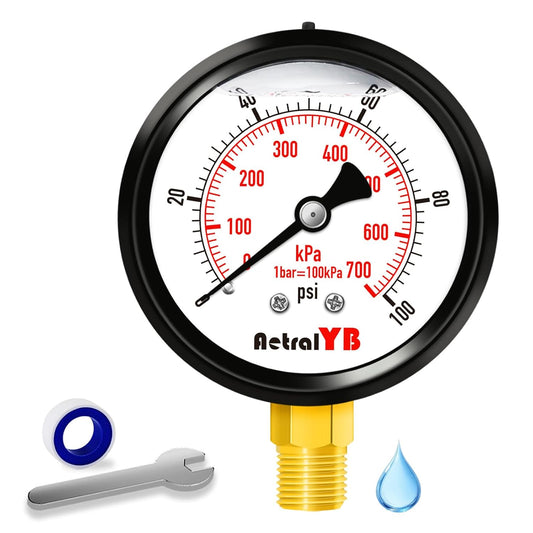 100 Psi Lead-Free 2.5 Inch Pressure Gauge Stainless Steel Case, Liquid Filled, 1.6% Accuracy,1/4" NPT Lower Mount, IP67
