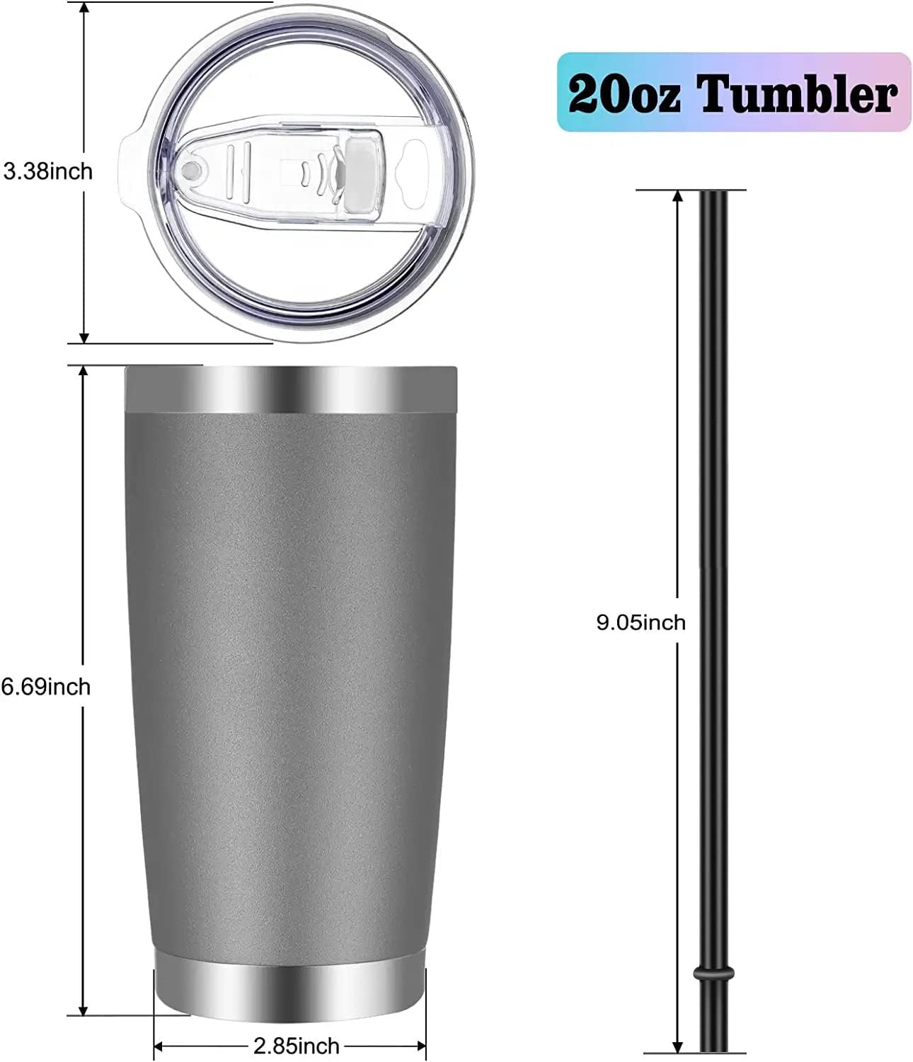 VEGOND 20oz Tumbler with Lid and Straw Stainless Steel Tumbler Cup Bulk Vacuum Insulated Double Wall Travel Coffee Mug Powder Coated Coffee Cup, Grey, 6 Pack