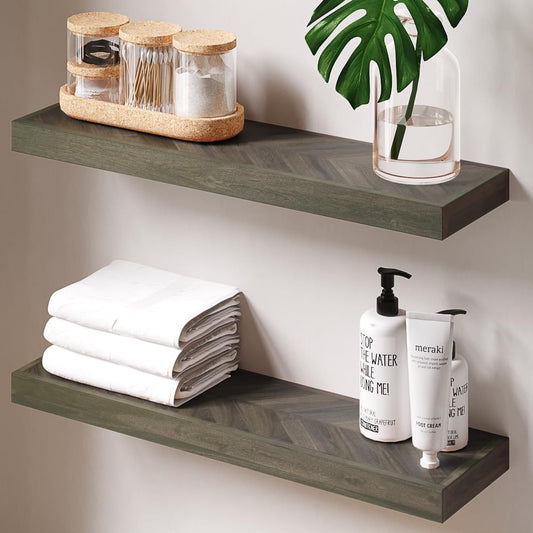 24" Acacia Chevron Floating Shelves Set of 2 - Wall Mounted Wooden Shelf for Stylish Home Décor - Mocha Color - 24x6.7x1.5