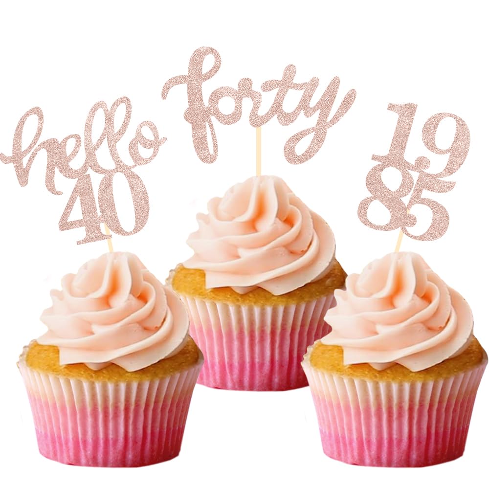 Rose Gold Glitter 40th Birthday Cupcake Toppers 40th Birthday Celebrating Party Decorations - Set of
