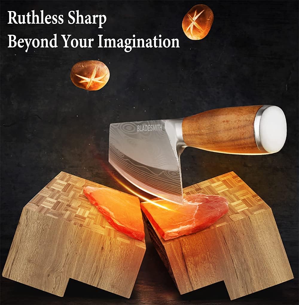 BLADESMITH Cleaver Knife for unfrozen meat and vegetable, 7" Chinese Chef's Kitchen slicer, Razor sharp HC German Stainless Steel blade with lasered damascus pattern, pearwood Handle
