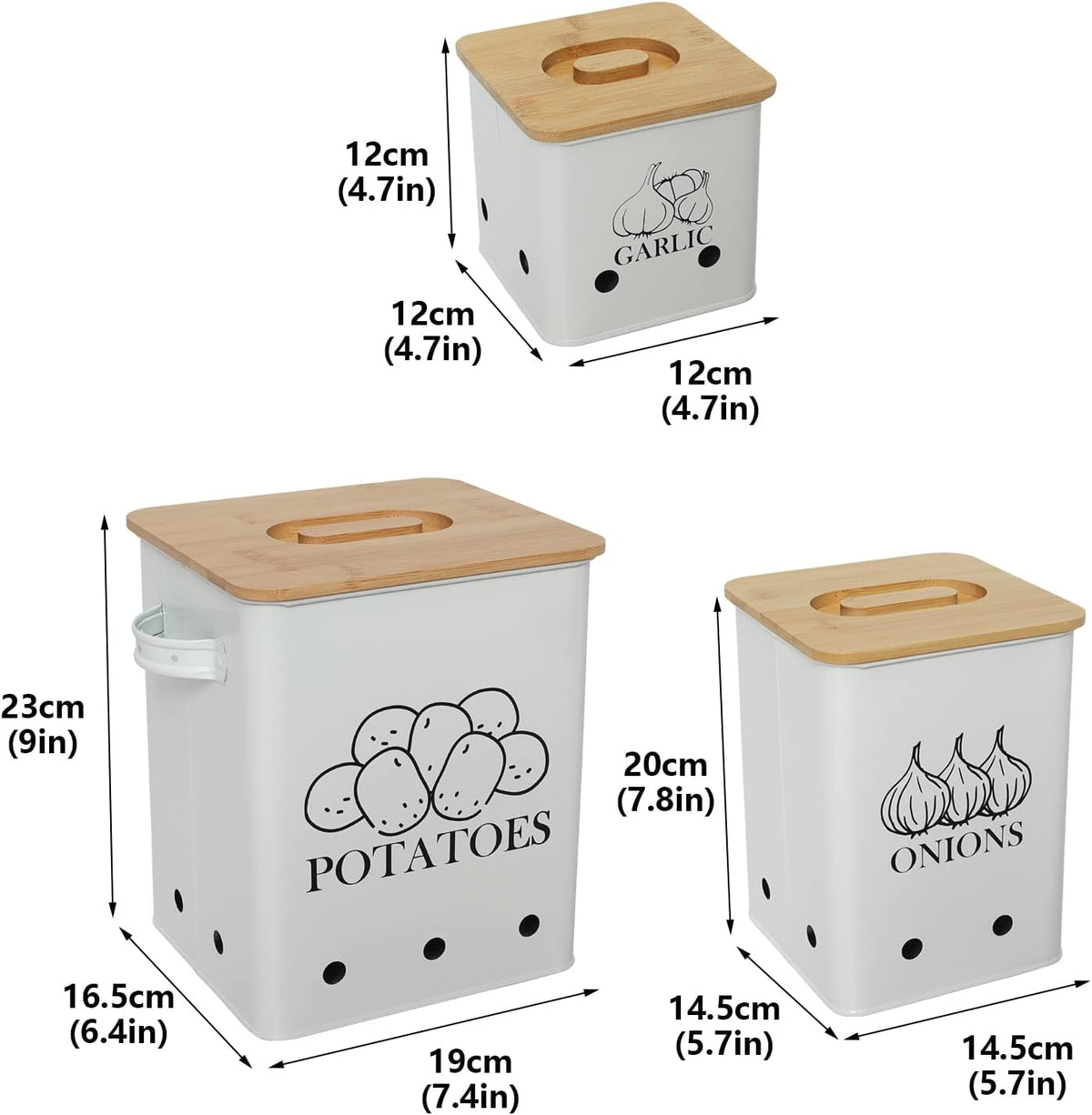 Kitchen Canisters Set, Storage Bin for Potato Onion & Garlic, 3 Pack Set Countertop Pots Containers with Wooden Lid - Potato Storage, Garlic Bin, Onion Keeper Tin with Aerating Holes-White