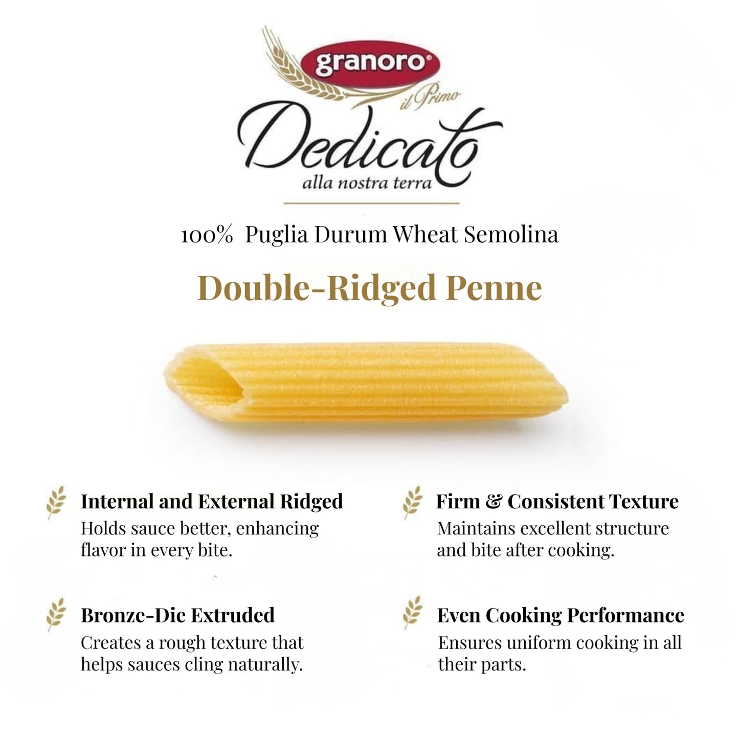 Granoro Dedicato Penne BIrigate (Double Ridged) #259 - Authentic Italian Pasta, Made from 100% Puglia Durum Wheat Semolina, Bronze Die, Non-GMO, Vegan, 1 lb Bags (Pack of 3)