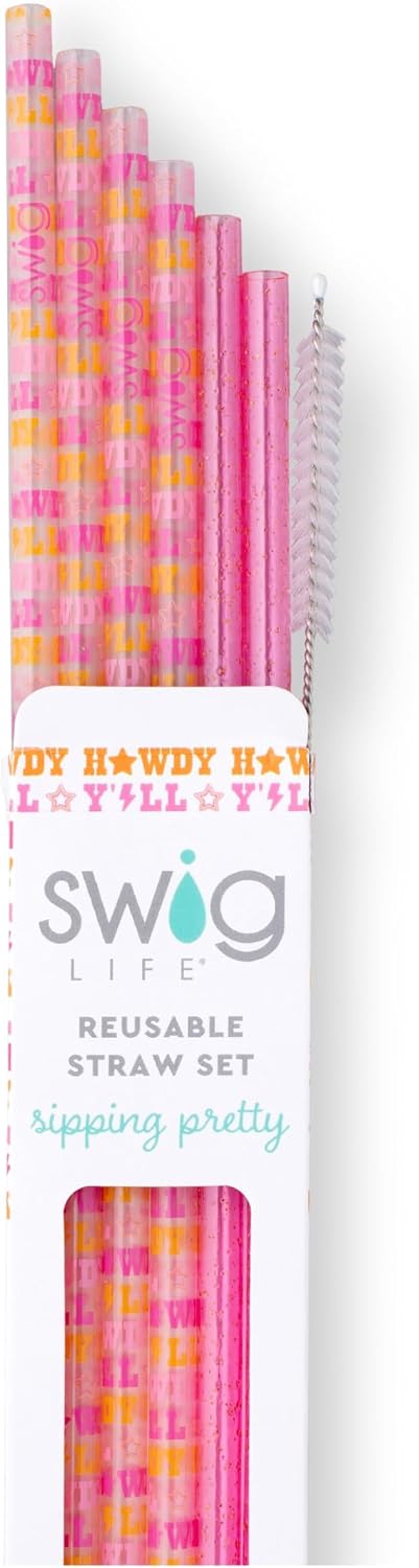 Swig Life Reusable Straw Set with Cleaning Brush, Howdy Yall | Reusable Straw Set - Cleaning Brush Included - 14 Inch Long - Accessories for Cups &amp; Mugs