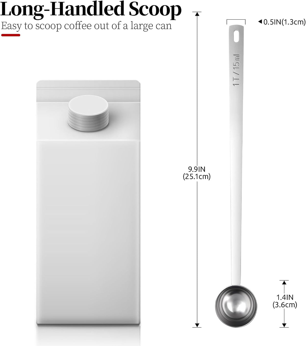 Long Handle Coffee Scoop, 18/8 Stainless Steel Food Grade Measuring Spoon for Coffee Beans Powders Sugar, 9.9in Long Metal Scoop Tablespoon for Easy Container Reach (1tbsp/ 15ml)