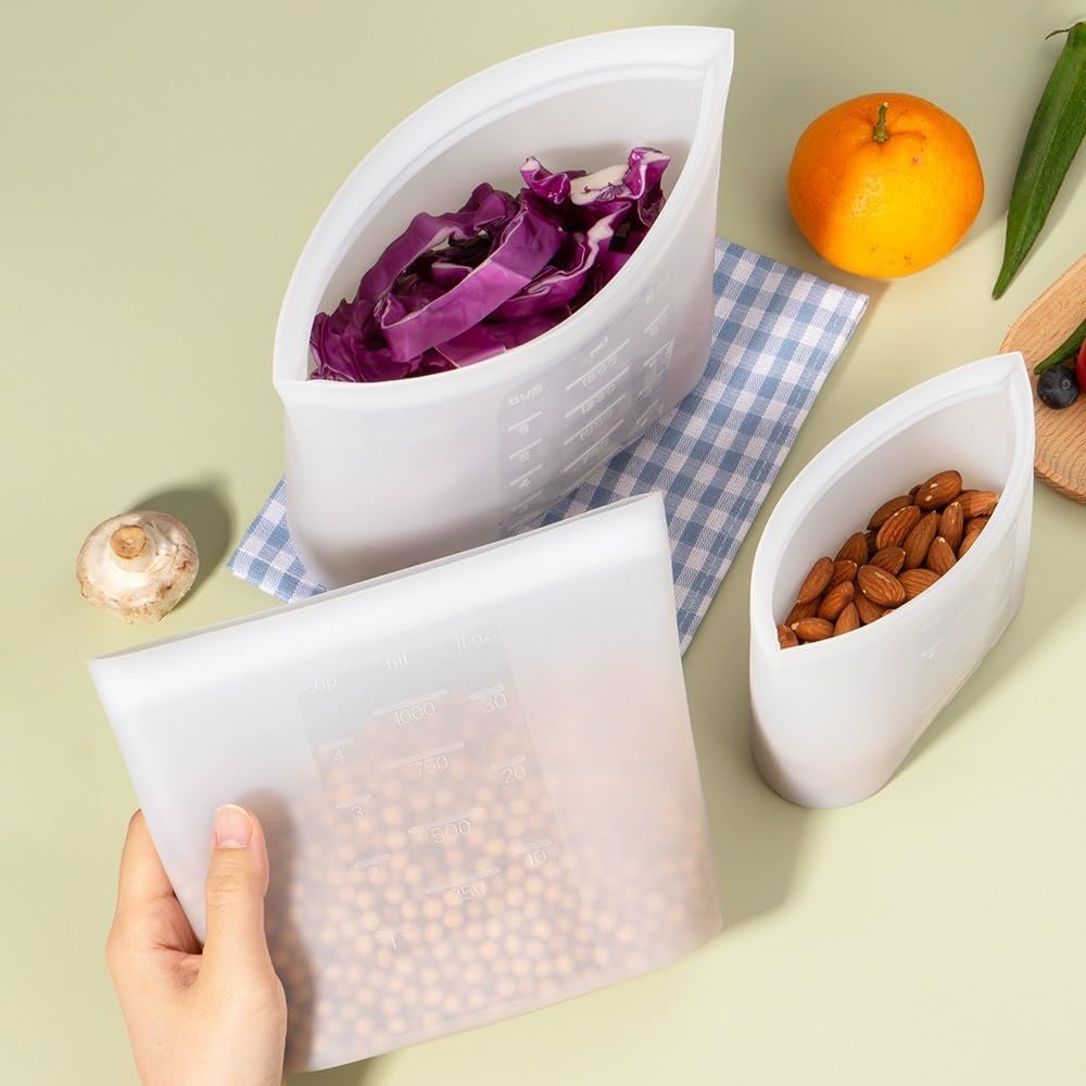 Reusable Silicone Food Storage Bags Quart 4 Pack, Stand Up Ziplock Reusable Freezer Sandwich Bag Containers for Food Travel, Freezer Microwave Oven Dishwasher Safe, Translucent, 33.8fl.oz