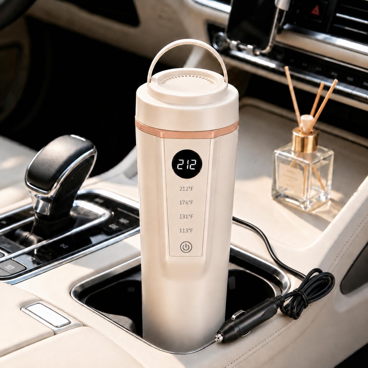 Car Electric Kettle 12V/24V Dual Voltage, Portable Travel Electric Kettle for Road Trips, Mini Small Water Boiler with 4 Temp Control, 316 Stainless Steel,16oz(Beige)