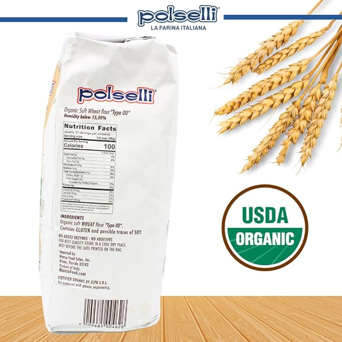 POLSELLI Organic Flour, Type 00, 100% Italian Grain, Double Zero Flour, OO Extra Fine, 5 kg, 11 lbs, BIO, Neapolitan Italian Pizza, Bread, Pasta, All Natural, Unbleached, All-Purpose, Unbromated, No Additives