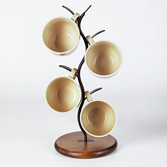 Sturdy Countertop Mug Tree with Solid Wood Base, Delicate Cast Iron Coffee Mug Holder, Countertop Coffee Cup Holder for