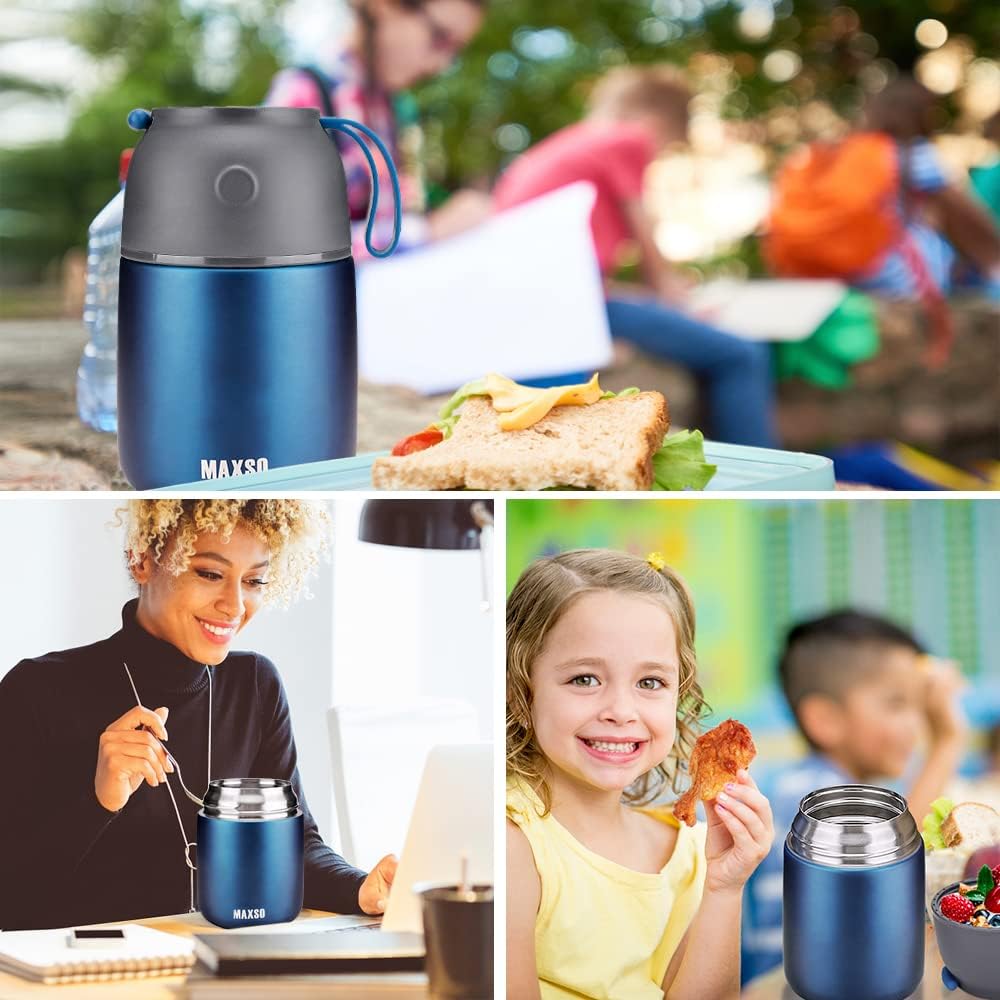 Insulated Thermo Food Jar for Hot &amp; Cold Food for Kids Adult, 17&amp;24 oz Soup Thermal Hot Food Containers for Lunch, Triple Layer Insulation Stainless Steel Food Jar with Spoon (2 Pack Blue)