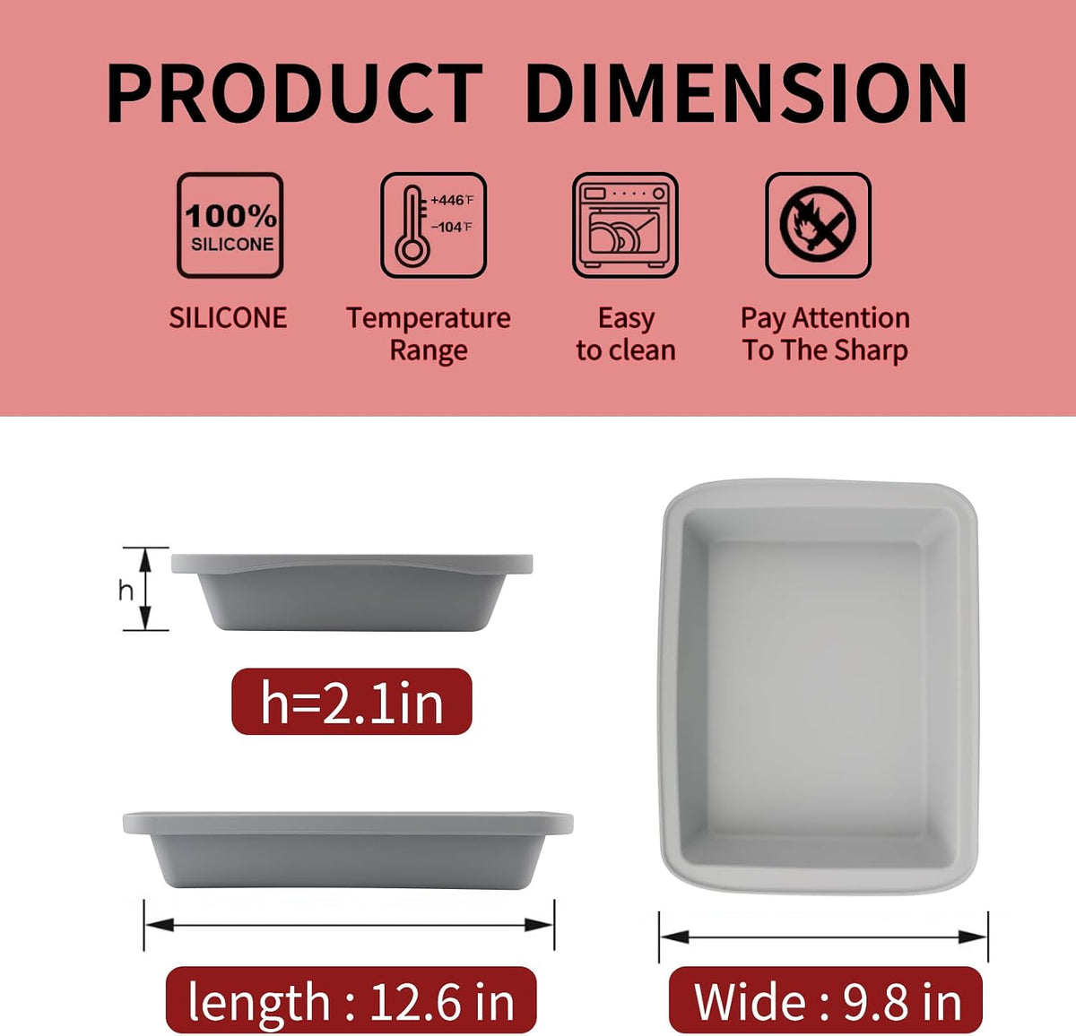Silicone Baking Mold, Detroit Style Pizza Pan, Rectangular Baking Dish with Handles, Compatible with Fancy Panz, for Lasagna, Cake, Brownie or Family Dinner, 12.6 x 9.8 x 2.1 Inch (2 Pack, Grey)