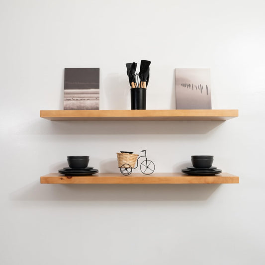 URBANDI, Rustic Floating Shelves, Set of 2, Hidden Bracket, Solid Wood, Heavy Duty, Wall Mounted Shelves, (Brown, 36Wx6D)