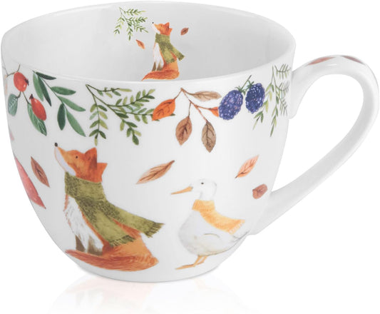 Autumn Forest Animal Mug - 20 oz Bone China Coffee Mug with Fox, Squirrel & Duck, Cozy Fall Gift for Nature Lovers and