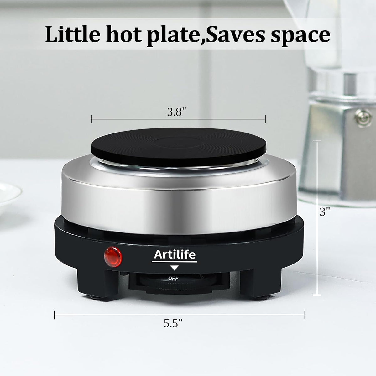 Artilife 500W Mini Electric Hot Plate - Moka Pot Special, 110V Compact RV Camping Stove, 4" Cast Iron Burner for Coffee, Low Wattage Portable (Silver)