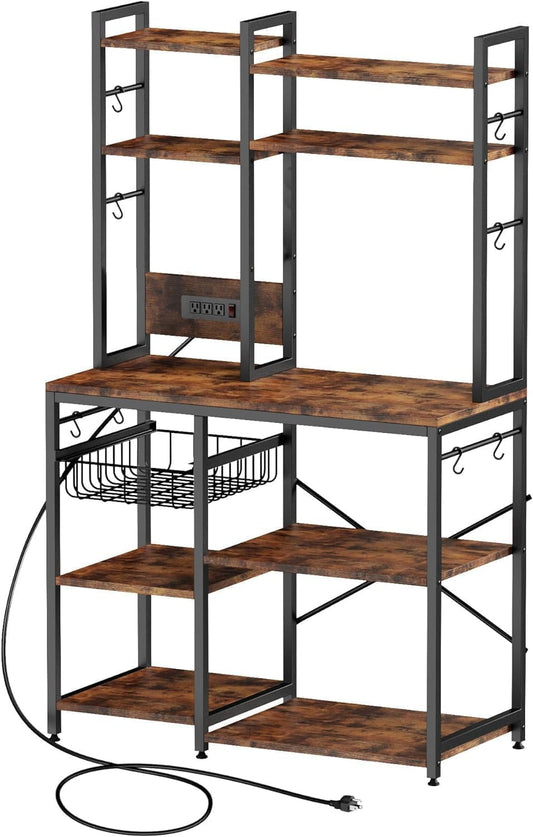 Standing Kitchen Baker’s Rack, Bakers Rack with Power Outlet, 6-Tier Microwave Stand, Coffee Bar with 12 S-Shaped Hooks,