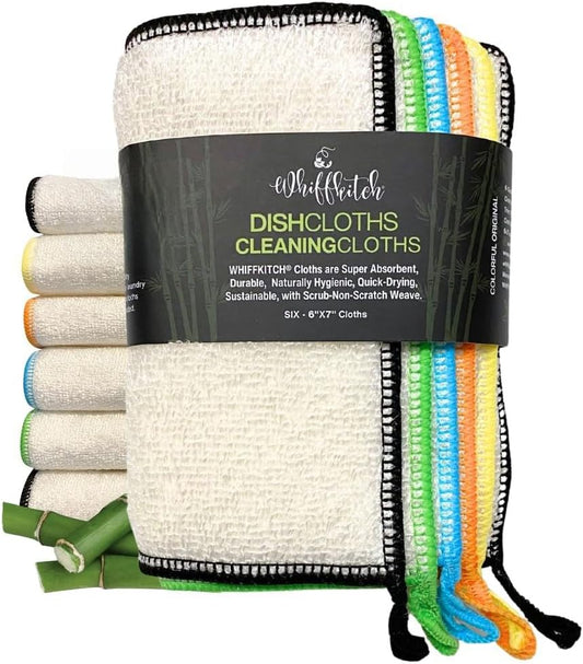 Dishcloths Kitchen Dishrag Cleaning Scrub Reusable 6pk 6x7in | Bamboo-Rayon, Absorbent, Scrub-Non-Scratch, Washable, Durable, Fast-Drying, Multi-Surface, Hand-Sized, Household Cleaning