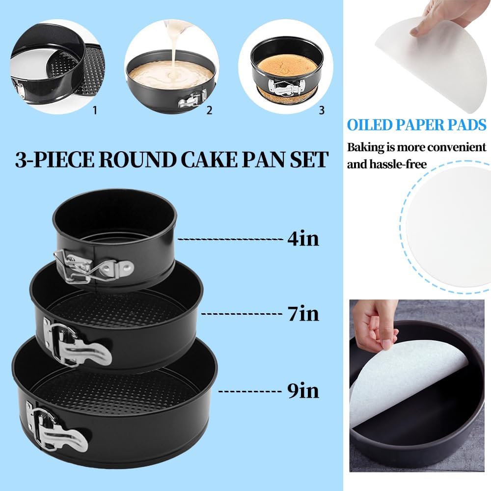 179PCS Cake Pan Set for Baking,3PCS Springform Round Cake Pans(4,7,9 Inch) | Non-Stick Springform Pan,65 Baking Cups,30Parchment paper liners,Piping Tips and Bags for Cake Decorating