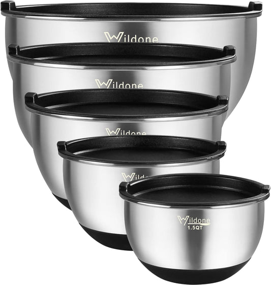 Wildone Mixing Bowls with Airtight Lids, Stainless Steel Nesting Mixing Bowls Set of 5, with Non-slip Silicone Bottoms, Size
