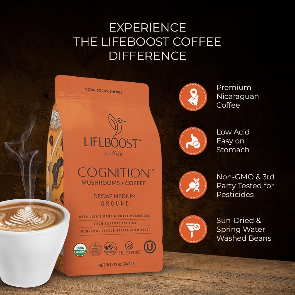 Lifeboost Cognition Decaf Focus Coffee for Calm Energy - Lion’s Mane Mushroom Coffee with Chaga - Organic Medium Roast Decaf Nootropic Coffee - Low Acid Adaptogenic Coffee - 12 oz Ground