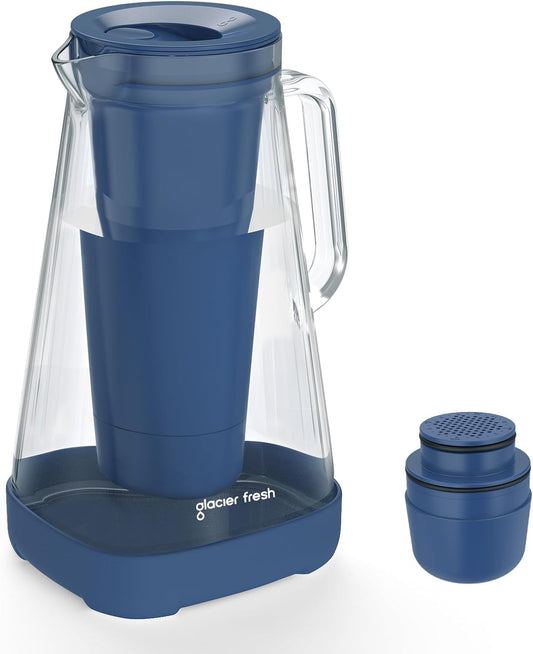 GLACIER FRESH 10 Cup Glass Water Pitcher with 1 Filter of 3X Flow Rate, Purela Glass Pitcher with 5-Stage Filtration