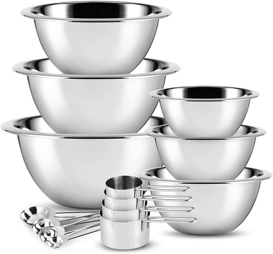 EATEX Stainless Steel Mixing Bowls with Measuring Cups & Spoons Set of 14 - Dishwasher Safe Nesting Mixing Bowl Set for