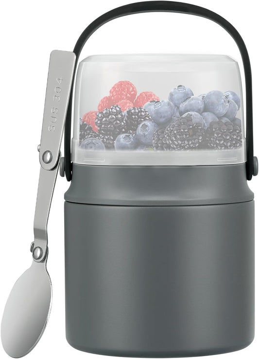 2-in-1 Insulated Food Jar & Snack Container - 15oz Kids Soup Thermos for Hot Food with Handle and Spoon, Leak Proof Reusable