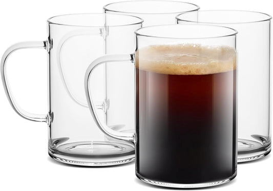 LUXU Glass Coffee Mugs 16 oz,Set of 4 Large Glass Coffee Cups Clear Tea Cups,Iced Coffee Glasses,Lead-Free Drinking Glasses