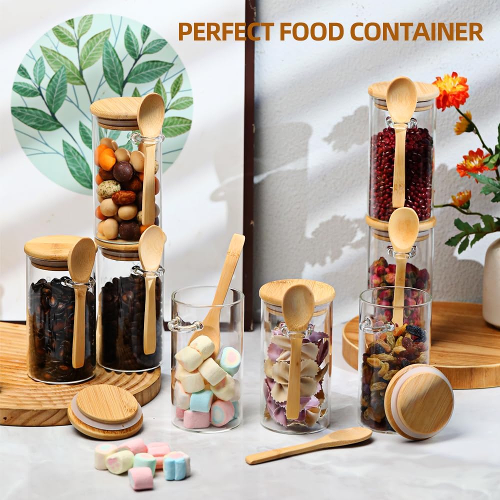 Glass Sugar Container with Spoon, 8 Pack 10oz Glass Tea Jars with Bamboo Lids and Spoons, Loose Leaf Tea Containers for Coffee Beans, Brown Sugar, Nuts, Candy, Bath Salts