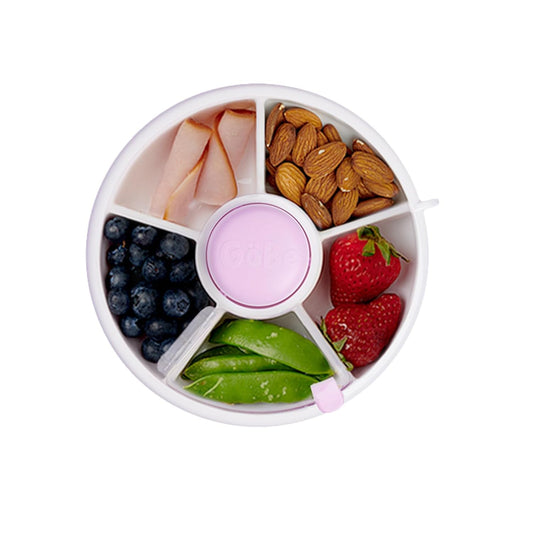 GoBe Kids Small Snack Spinner Flip Bundle with Hand Strap and Sticker Sheet - Reusable Snack Container with 5 Compartment