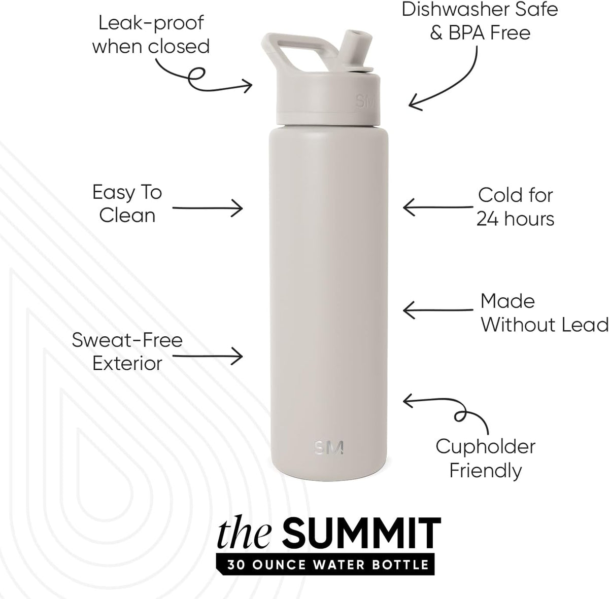 Simple Modern Insulated Water Bottle with Straw | 30oz | Beige | Summit Stainless Steel Water Bottles, Metal Cup | Leak Proof for School, Gym, Travel, Sports | Almond Birch