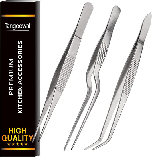 Kitchen Cooking Tweezers Culinary,3 Piece Set Stainless Steel Tweezer Precision Tongs Offset Tip for Cooking Food Design