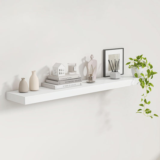 Fun Memories White Floating Shelves 48 InchLong, 9 Inch Deep Floating Shelves, Solid Wood Shelves for Home Decor, Deep