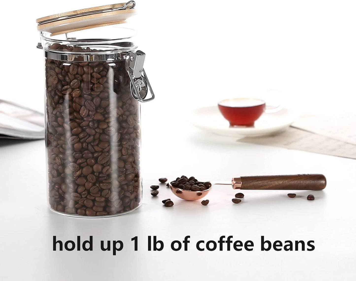 KKC HOME ACCENTS 40 oz Glass Coffee Container (Holds 1 lb Coffee Beans) with Airtight Bamboo Lid - Clear Coffee Jar Canister for Grounds Storage, Aesthetic Kitchen Counter Decor