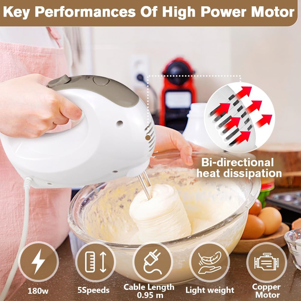 5-Speed Electric Hand Mixer with Whisk, Traditional Beaters, 120 Watts,Portable &amp; Lightweight, Blending or Cooking White