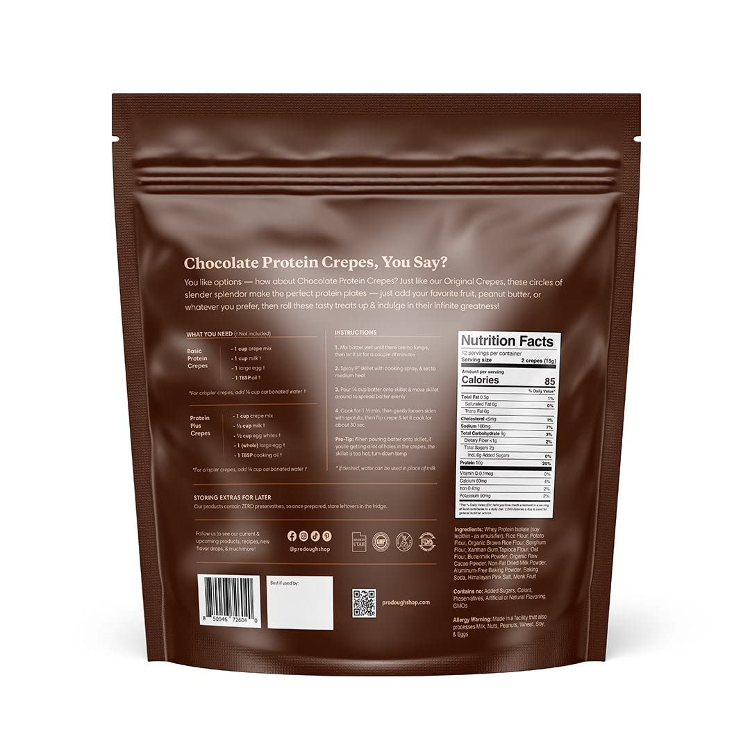 ProDough High Protein- Gluten Free French Crepe Mix, Low Carb, 8g of Protein per Serving, No Added Sugars, Keto Friendly, Makes 24 Crepes (Chocolate)