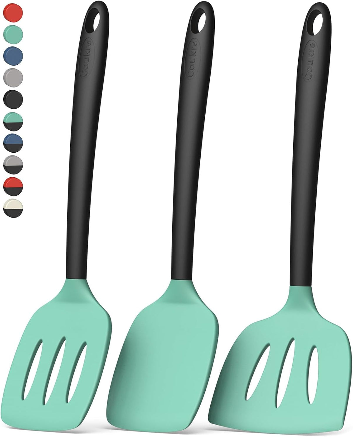 Coukre 3 Pack Silicone Spatula Set, Heat Resistant to 500°F, BPA-Free | Fish Spatula, Solid &amp; Slotted Turners, Dishwasher Safe, Spatula Set for Eggs, Pancakes, Fish &amp; Burgers, AquaGreenBlack