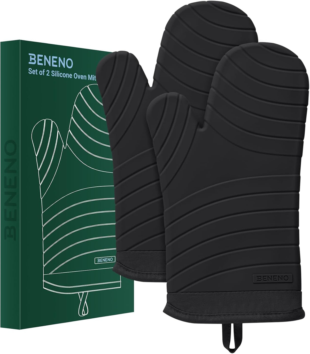 Beneno BPA-Free Silicone Oven Mitt 2-Pack Set, 7"x13", Black | Heat Resistant 500°F Oven Mitts with Non-Slip Grip, Soft Thicker Lining