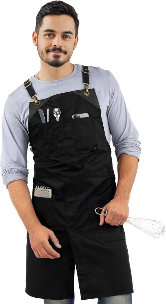 Under NY Sky Cross-Back Deep Black Apron - Durable Twill with Leather Reinforcement and Split-Leg - Adjustable for Men and