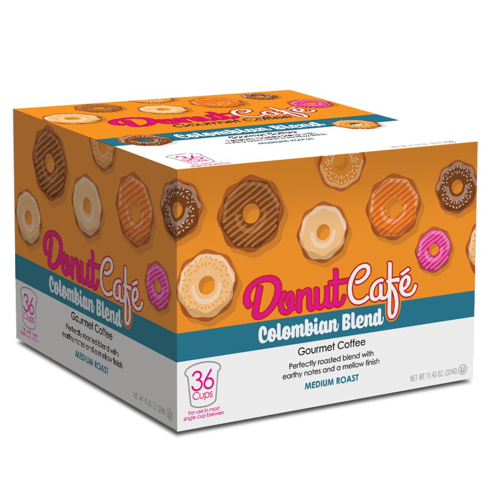 Donut Café K-Cup Coffee Pods, Medium Roast, Colombian Blend, 36 Count | Single Serve, Vegan, Allergen Free, Non-GMO, Kosher, Vegetarian, Compatible with Keurig K Cup Brewers, Smooth &amp; Delicious