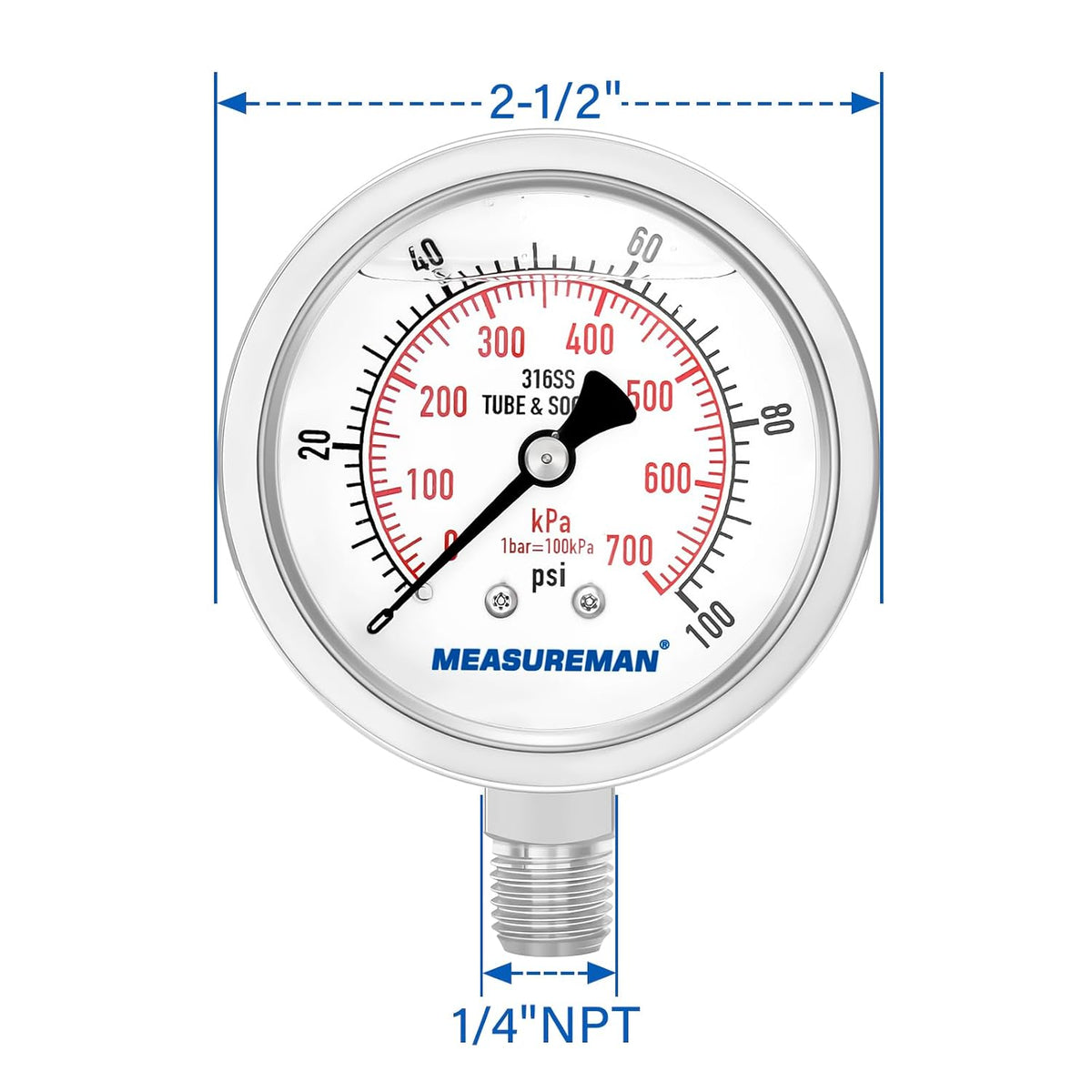 MEASUREMAN Pressure Gauge 1/4 NPT, 0-100psi/kPa Fully Stainless Steel Hydraulic Glycerin Filled Pressure Gauge with 2.5 Inch Dial Size (0-100 psi, Lower Mount - 100% Stainless Steel)