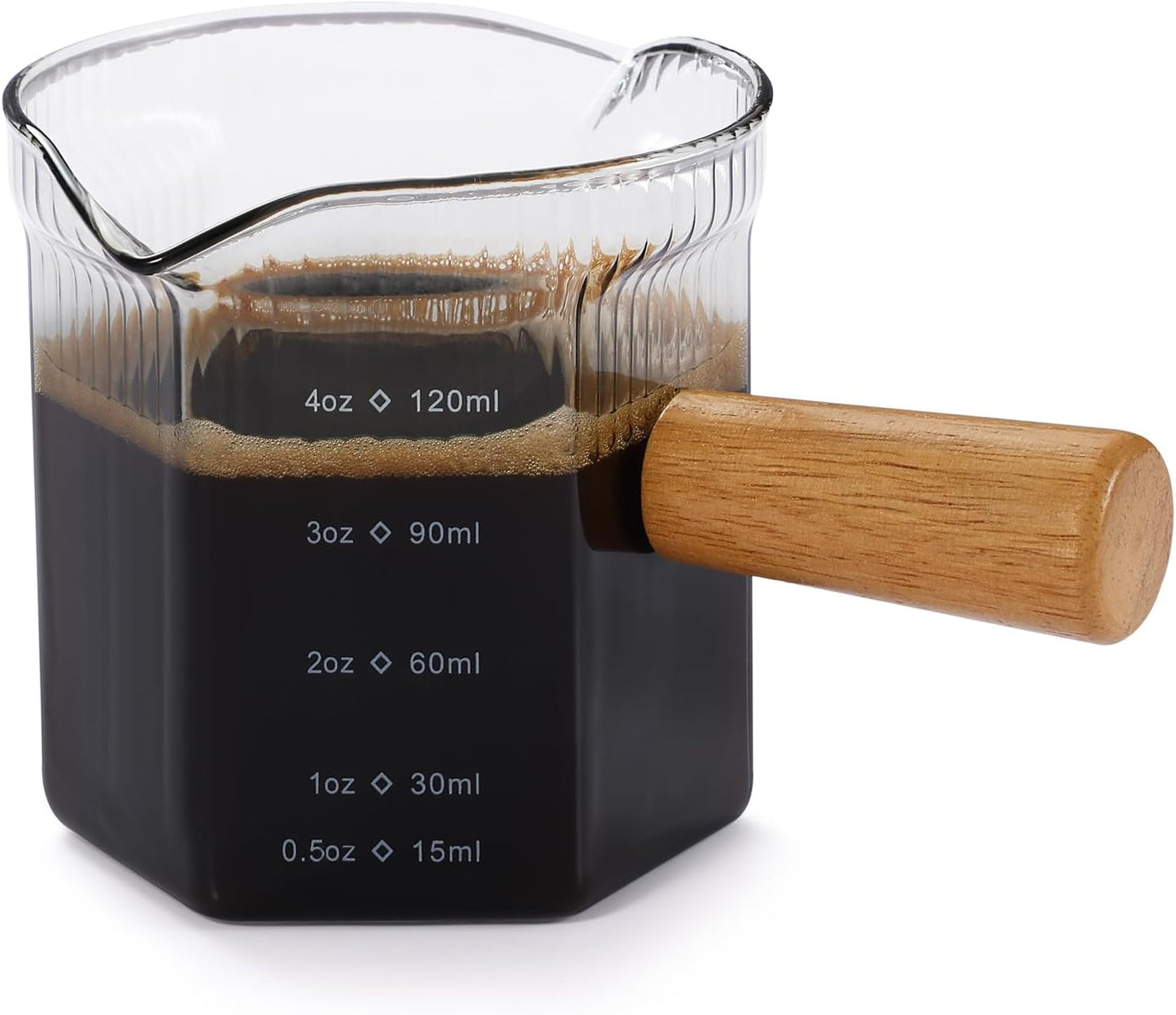 Espresso Cups 4 OZ, Double V-Shaped Spouts Cups, Espresso Shot Glasses with Wood Handle, Ribbed Milk