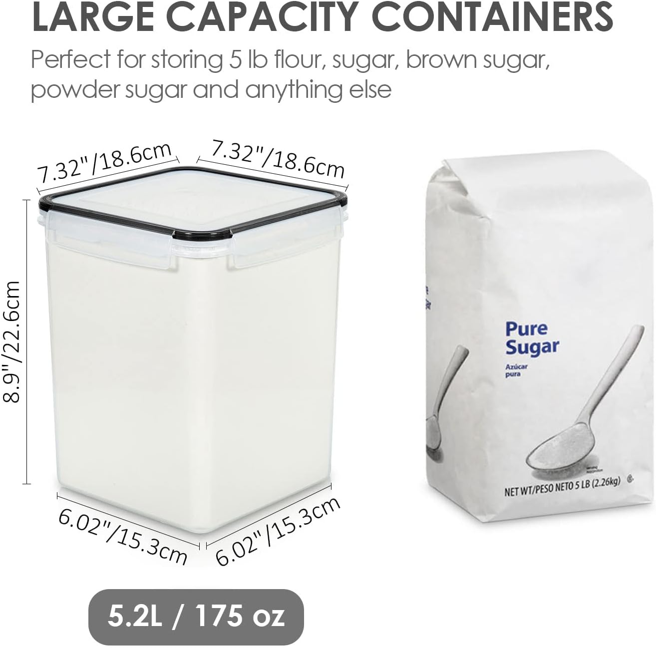 Vtopmart 5.2L Flour Sugar Storage Containers, 4 PCS, Black