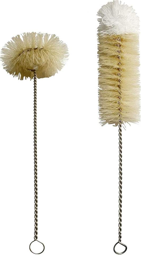 Coralpearl Bottle Brushes Thin Long Handle X 2, Skinny Wire Cleaner Set in Stainless Steel with Natural Boar Bristle at Wool